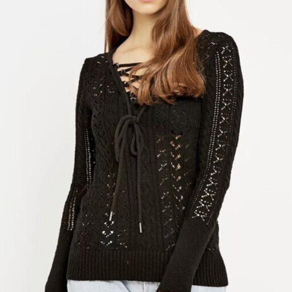 Free People Ginger Lace Up Knit Sweater Goth Whimsigoth Boho Sheer Front Tie - Picture 6 of 10